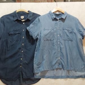 Set of Two Denim Button-Up Shirts - Dark And Light Wash Chambray Soft Chic Large